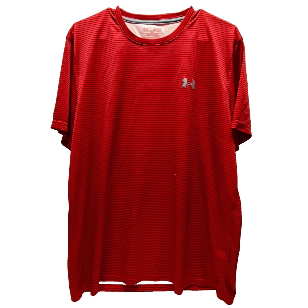 Under Armour Activewear T-Shirt Men's Large Red Stripe HeatGear Loose Fit GUC
